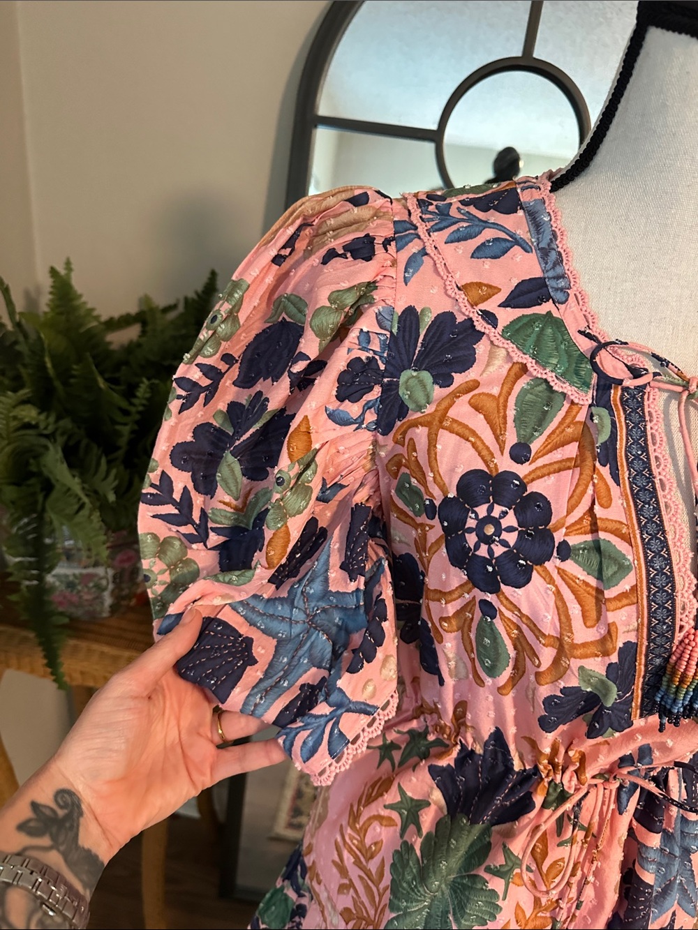 FARM Rio Pink Floral Puff-Sleeve Mini Dress with Blue & Green Print - Picture 3 of 8